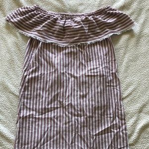 Red+white, vertical striped off the shoulder dress